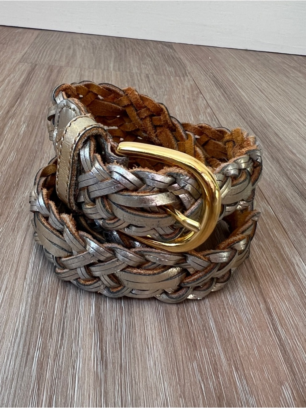 Woven Metallic Leather Belt with Gold Buckle - Women's Accessories one size